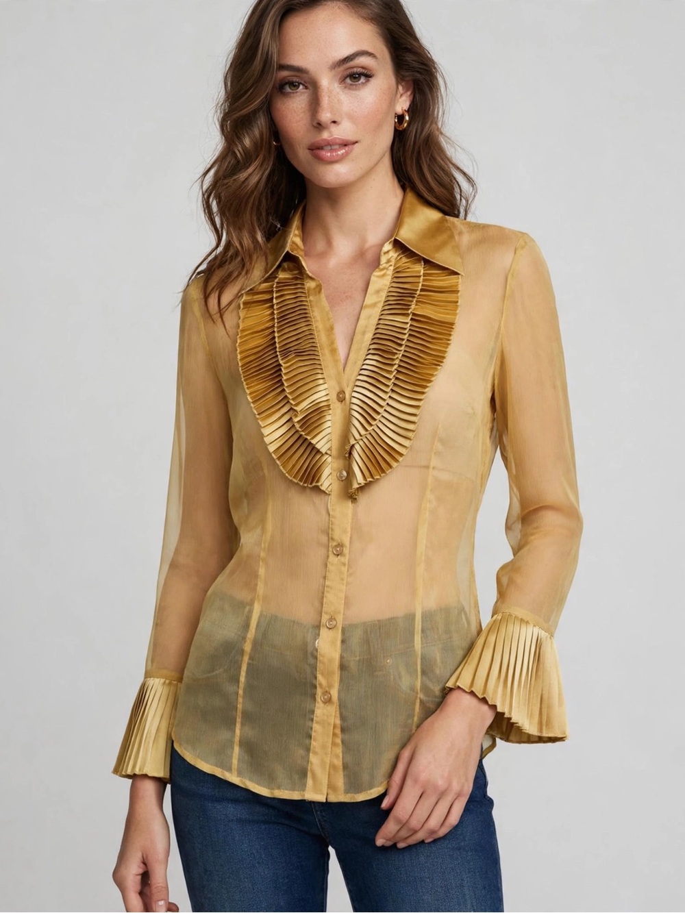 Sheer Ruffle-Trim Button-Front Blouse in Gold